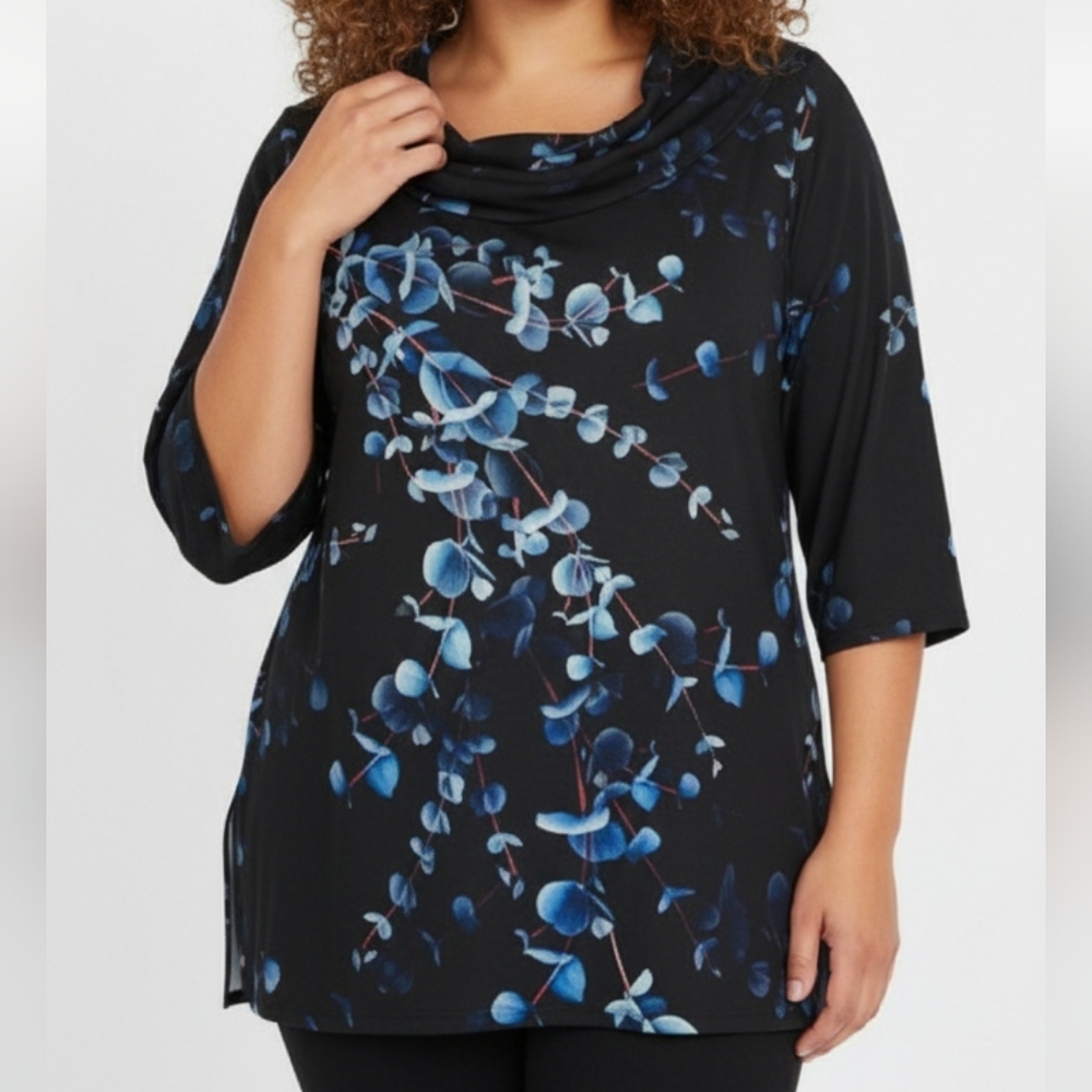 Caroline Rose Tunic Top Size 3X‎ Black Blue Floral Round Neck Artsy NEW $400